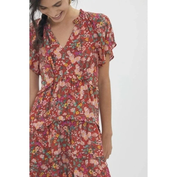 ANTHROPOLOGIE Red Robin Floral Ruffles Spliced Neck Tiered Mini Dress Size XXS - Picture 12 of 12